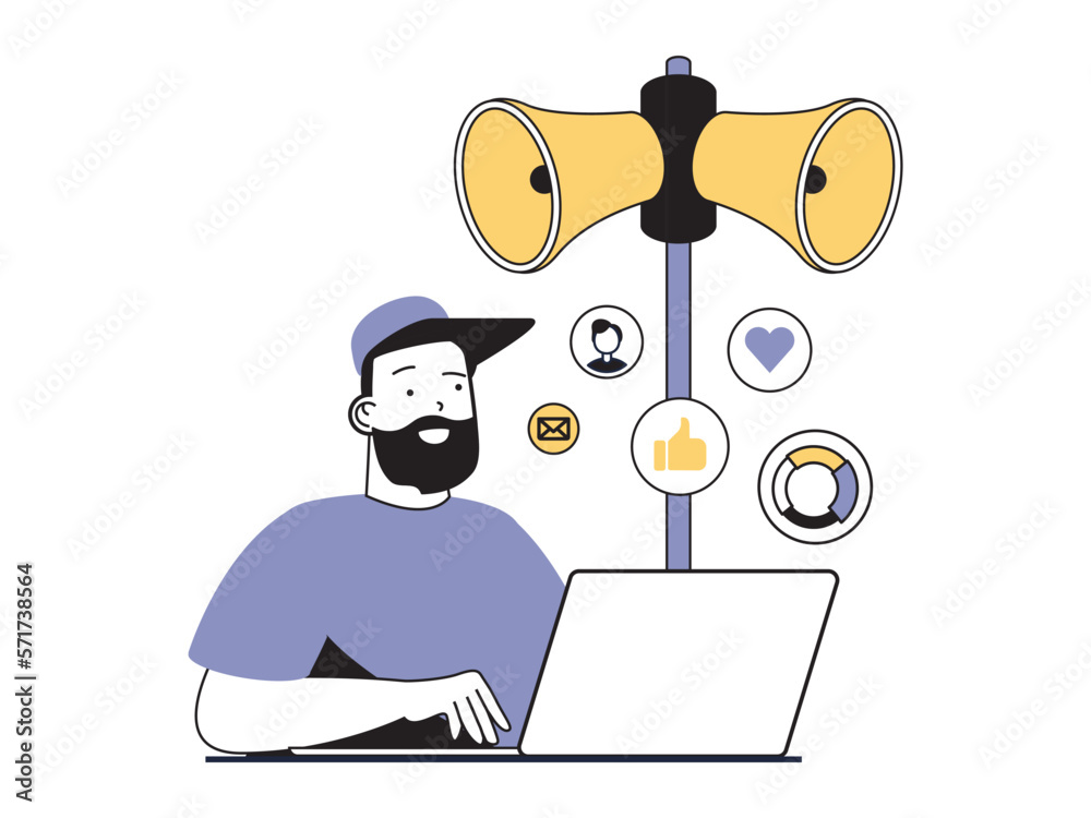 Poster digital marketing concept with character situation. man works on laptop, analyzes social media users