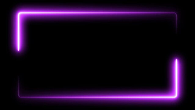 Purple laser effect neon glowing frame background. repetitive motion animation and flashing. Bright neon light effect isolated on black. 4K graphic animation video