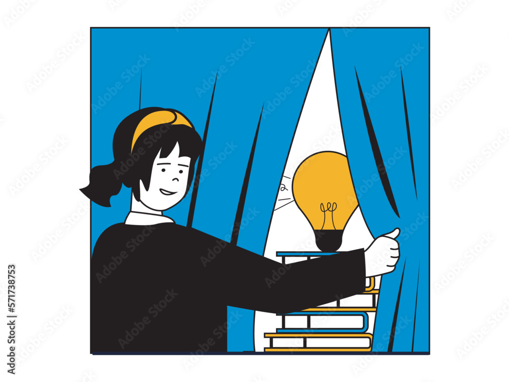 Leinwandbilder education concept with character situation. woman student reads books in library and gains new knowl