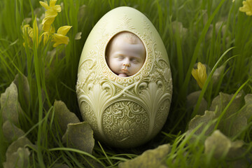 "Blessed Beginnings: A Carved Egg Cradles a Precious New Life Amongst the Grass"