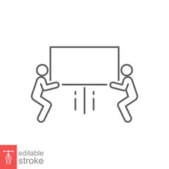 Team lift big box line icon. Simple outline style. For your safety, delivery, 2 man, person, moving, cargo, shipping concept. Vector illustration isolated on white background. Editable stroke EPS 10.