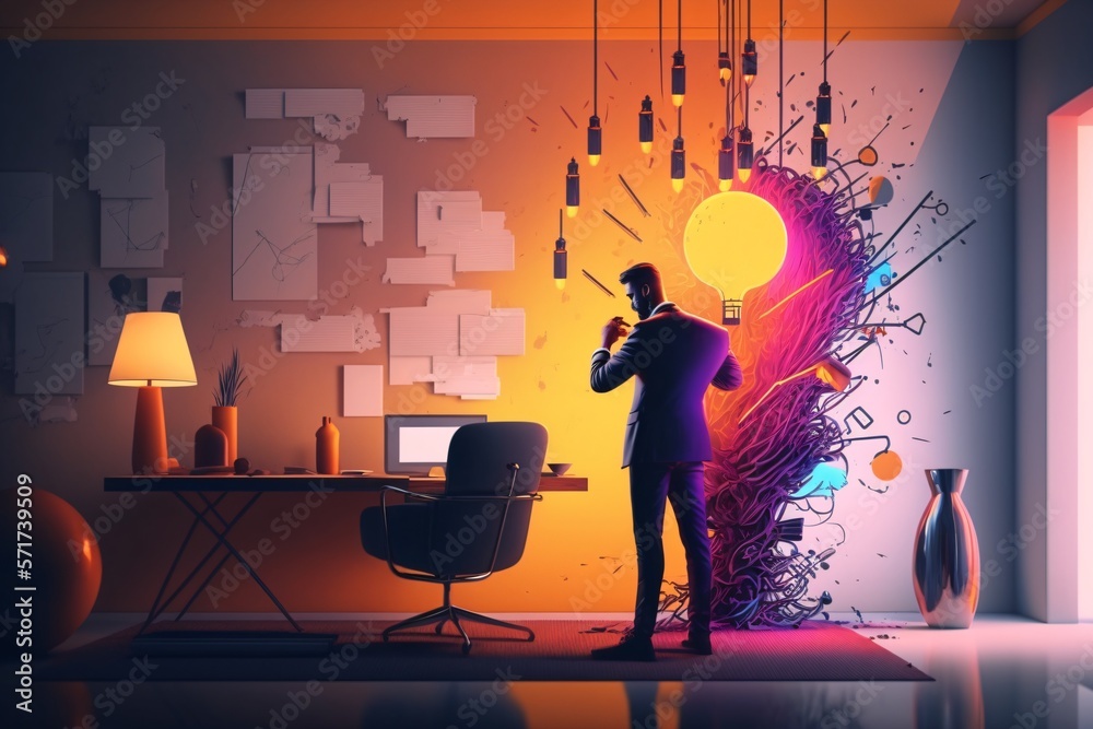 Canvas Prints bright idea and creative thinking, visualization of brainstorming, a colorful glowing idea bulb lamp