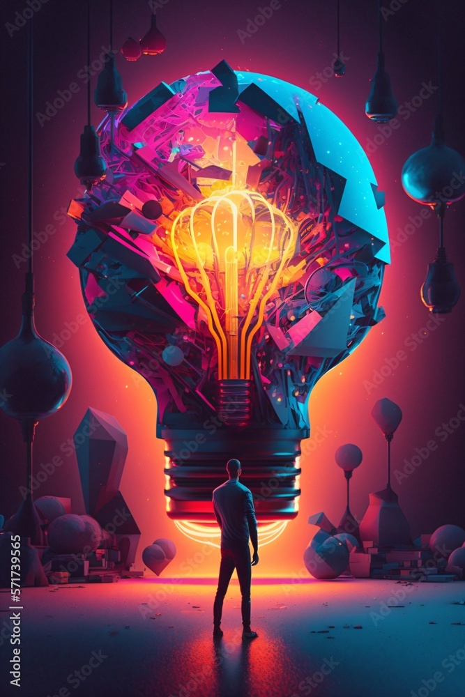 Canvas Prints a colorful glowing idea bulb lamp, visualization of brainstorming, bright idea and creative thinking