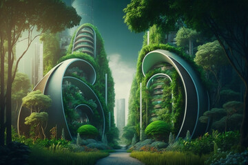 Eco-futuristic cityscape ESG concept full with greenery, skyscrapers, parks, and other manmade green spaces in urban area. Green garden in modern city