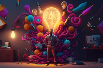 Foto op Plexiglas bright idea and creative thinking, visualization of brainstorming, a colorful glowing idea bulb lamp, fictional person created with generative ai © CROCOTHERY
