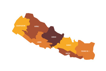 Nepal political map of administrative divisions - provinces. Flat vector map with name labels. Brown - orange color scheme.