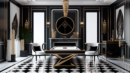 Interior design Classic and elegant styles Art Deco Game room | Glamour, elegance, geometric elements, abstract prints, golden details. Black, white and gold | Illustration Generated AI