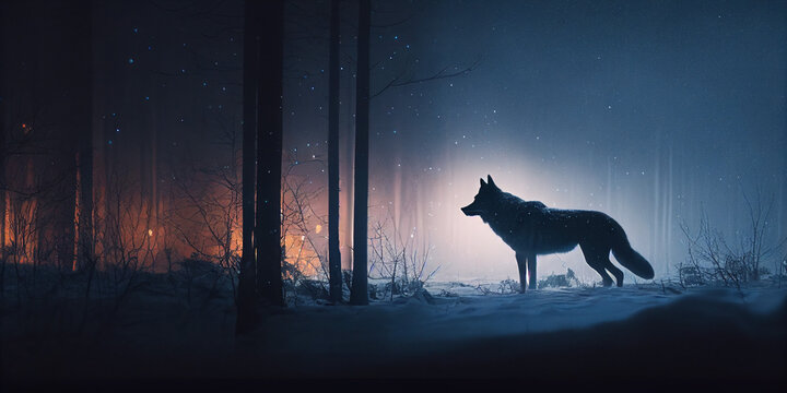 wolf silhouette in a snowy forest at night, generative AI