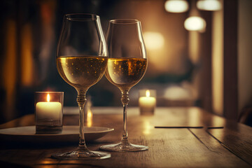 Couple glassess of the champagne or white wine are placed on wooden table in restaurant background