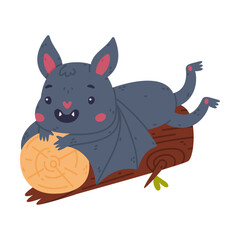 Cute bat lying on tree log. Halloween symbol. Funny mascot character cartoon vector illustration