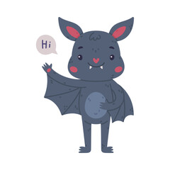 Cute baby bat saying Hi. Halloween symbol. Funny mascot character cartoon vector illustration