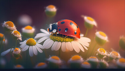 Plakat ladybug on a flower, Generative AI