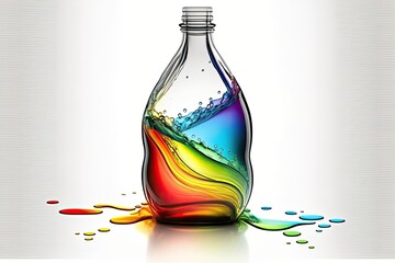 illustration of an opened glass bottle of rainbow water, white background generative ai