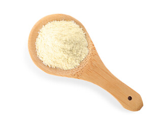 Fototapeta na wymiar Wooden spoon with quinoa flour isolated on white, top view