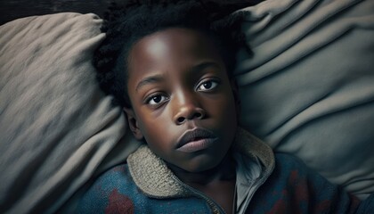 portrait of a 10 years old kid lying down on the bed, face scared, dark mood, looking at camera from directly above. Generative AI