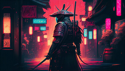 Obraz premium samurai with katana sword on a modern Japanese city street with neon lights, Generative AI
