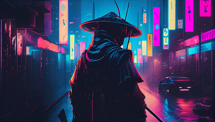 Fototapeta na wymiar Samurai warrior with a katana on the street of a modern Japanese city with neon lights, rear view, Generative AI