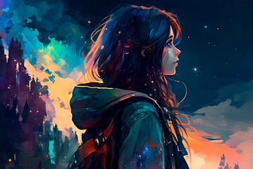 Generative AI, a girl observes an incredible view, a watercolor style traveler with a backpack looks at the northern lights and a beautiful sky. fictional girl created by artificial intelligence in a 