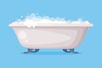 Cast Iron Bathtub on Foot Full of Water with Soap Bubbles Foam Isolated on Blue Background Vector Illustration