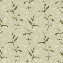 Seamless pattern with watercolor and digital grass and leaves on green background. Hand-drawn bush with bud. Creative wallpaper for invite card, wedding celebration and sticker. Art for wrapping