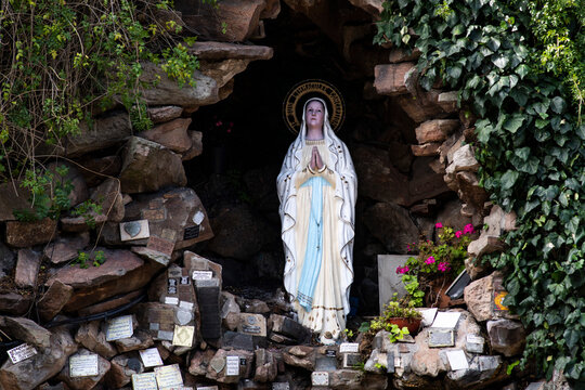 Agentina, virgin mary of the grotto of lourdes sanctuary of the city of mar del plata inspired by the original of france, replica of the cities of jelusaren-may 2020
