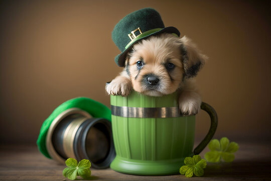 Cute Dog with Green St. Patrick's Day Hat coming out of a big green cup. on blurred colored background, generative ai