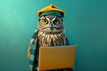 Studio photo portrait of a happy owl in hipster clothes with a laptop, created with Generative AI technology