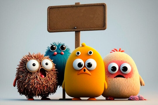 Cuddly extrange funny criatures, ashamed, with blank signboards to help to communicate the messages, copy space, generative ai.
