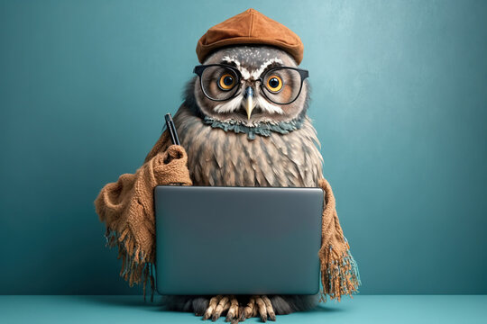 Studio photo portrait of a happy owl in hipster clothes with a laptop, created with Generative AI technology