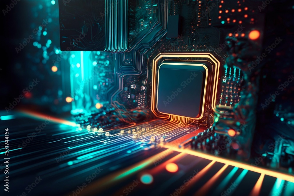 Poster cyber space connection technology computer background with chipset central processor. generative ai