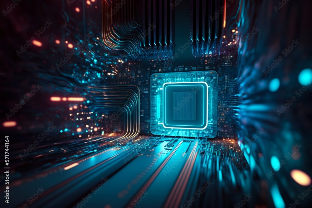 Poster cyber space connection technology computer background with chipset central processor. generative ai