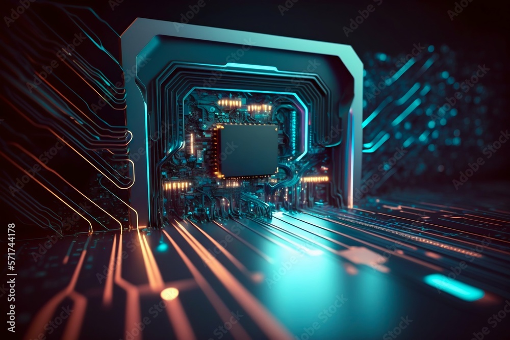 Poster cyber space connection technology computer background with chipset central processor. generative ai