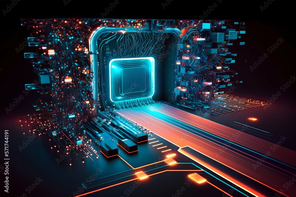 Poster cyber space connection technology computer background with chipset central processor. generative ai
