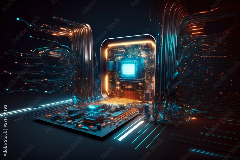 Poster cyber space connection technology computer background with chipset central processor. generative ai