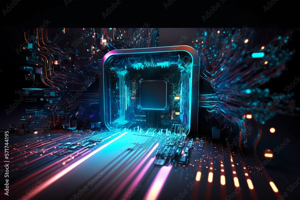 Poster cyber space connection technology computer background with chipset central processor. generative ai