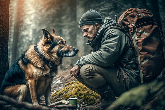 in the wilderness, portrait of a caucasian man and his dog, in the woods, friends forever, companions, generative ai.