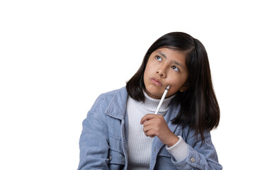 Mexican girl sitting on the floor thinking expression with stylus pen