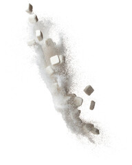 Pure Refined Sugar cube flying explosion, white crystal sugar abstract cloud fly. Pure refined sugar cubes splash stop in air, food object design. white background isolated high speed freeze motion