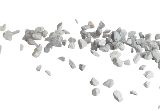 Rock gravel fall down pouring, gray stone pebbles rock explode abstract cloud fly. Construction rock stone splash in air, object design. White background isolated freeze shot, selective focus blur