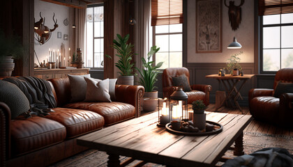 Fototapeta na wymiar living room with natural materials warm lighting. Generative AI