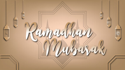 3D modern ramadan mubarak golden brown banner wallpaper design with lantern ornament