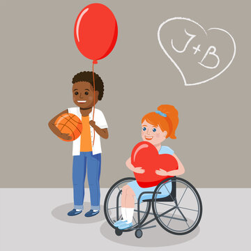 Happy and in love students: a girl in the wheelchair holds a big red heart, next to her stands an African boy with a balloon and a basketball. Vector illustration on a grey background with text box.