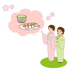 花より団子の着物女子　お花見　Hanami