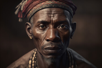 Fototapeta na wymiar Portrait of man from the Bayaka tribe in Central African Republic. Ai generated art