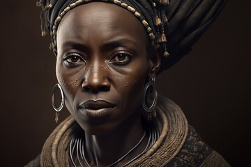Portrait of woman from Dogon tribe, West Africa. Ai generated art