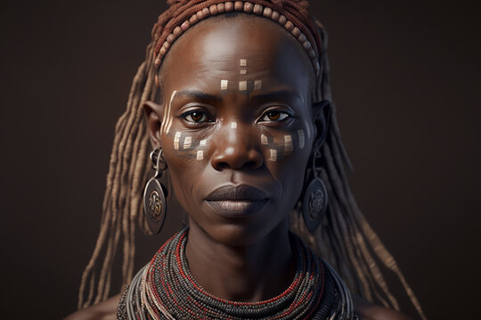 Portrait of woman from Dogon tribe, West Africa. Ai generated art