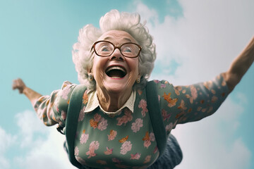  Person in the sky,  old granny falling from the sky. Descending from the blue sky, expressing great joy and happiness restored. Image created with generative ai - obrazy, fototapety, plakaty
