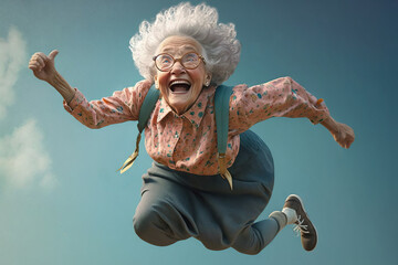  Person in the sky,  old granny falling from the sky. Descending from the blue sky, expressing great joy and happiness restored. Image created with generative ai - obrazy, fototapety, plakaty