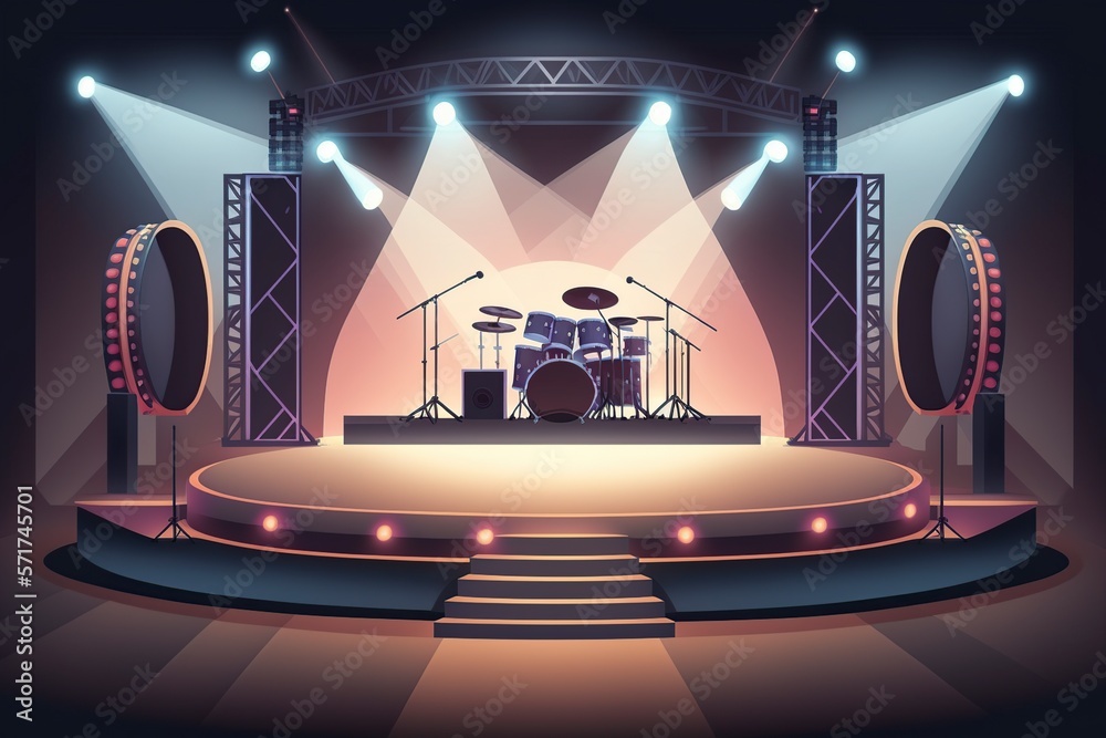 Wall mural cartoon illustration, concert stage with bright decoration and spotlight, ai generative