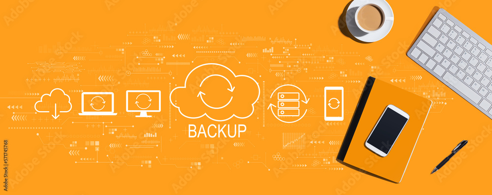 Wall mural backup concept with a computer keyboard and office items